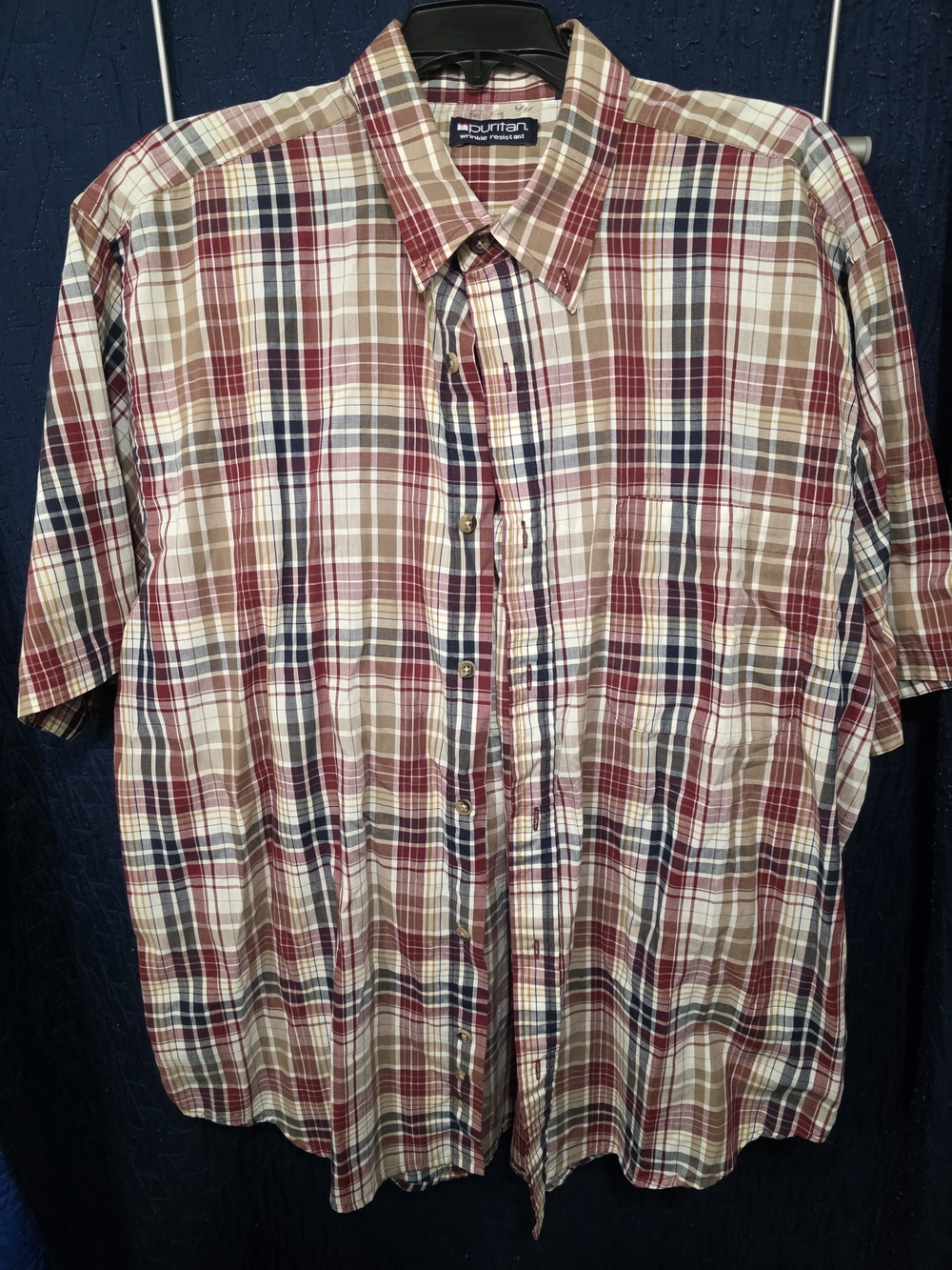 Puritan Red Navy Tan Plaid Short-Sleeve Button-Down Shirt